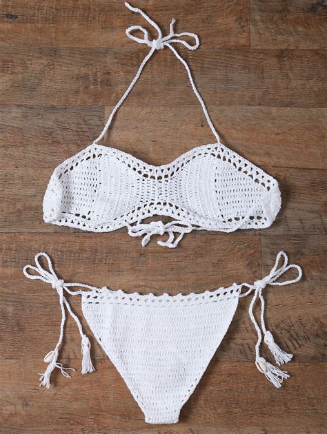 2018 Sexy Halter Crochet Solid Color Womens Bikini Set White One Size