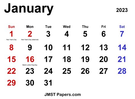 Free January 2023 Calendar Printable Template Pdf Word Excel