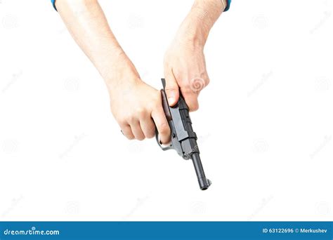Man S Hand Holding Gun Isolated On White Stock Photo Image Of Reload