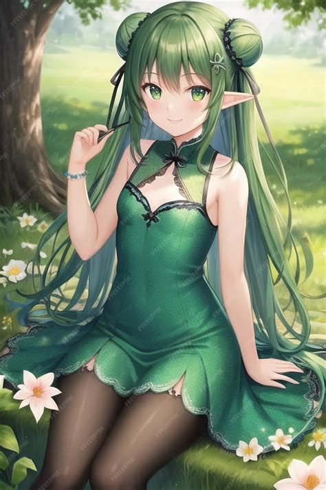 anime mädchen in einem grünen kleid mit grünen haaren und grünen haaren premium foto