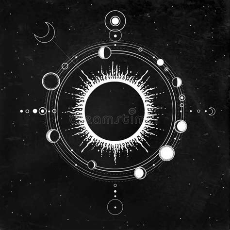 Mystical Drawing Stylized Solar System Moon Phases Orbits Of Planets