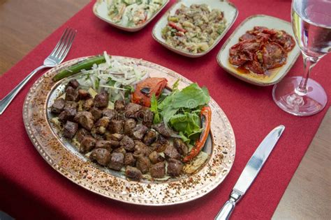 Traditional Turkish Arabic Cuisine Roasted Meat Kebab Stock Photo
