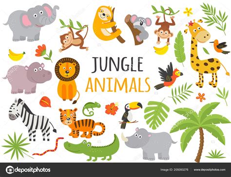 Set Isolated Jungle Animals Tropical Plants Vector Illustration Eps