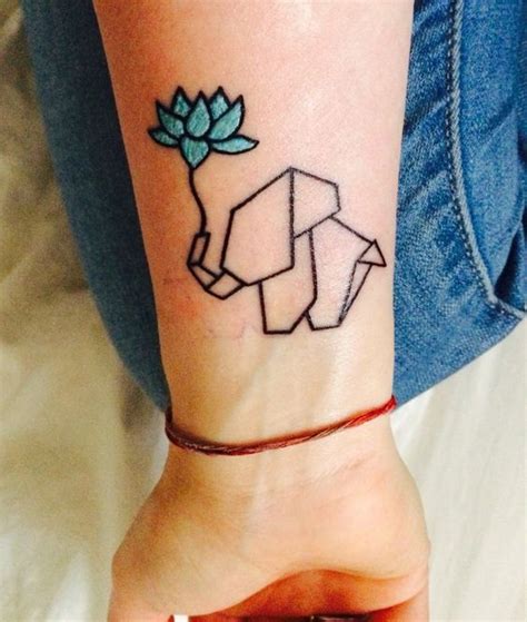Tiny Tattoo Idea Origami Elephant With Blue Lotus Flower