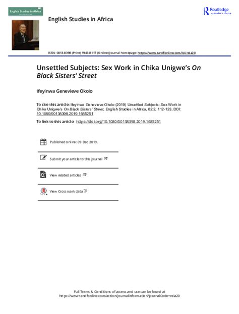 Pdf Unsettled Subjects Sex Work In Chika Unigwes On Black Sisters