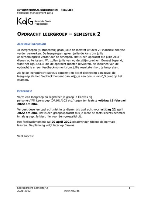 Ior101 Groep 2 Leergroep Financieel Management Ior Opdracht Leergroep