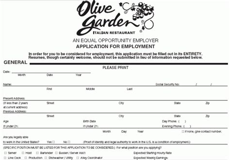 Olive Garden Printable Job Application Printable Application