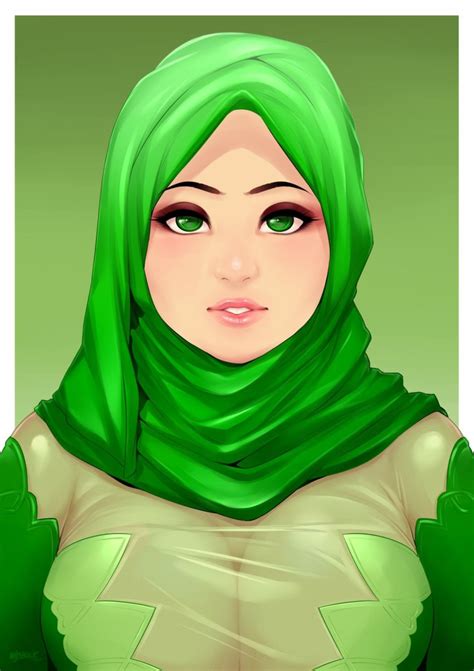 Nigaw Highres 1girl Breasts Female Focus Green Eyes Hijab Islam Large Breasts Muslim