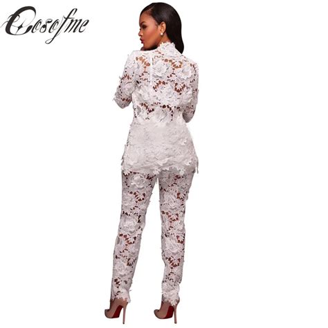 cosofme autumn new sexy deep v neck tops and long pants sext women lace 2 pieces sets suits see