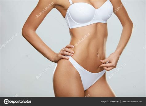 Beautiful Sexy Womans Body In Underwear Pinching Belly Skin Stock