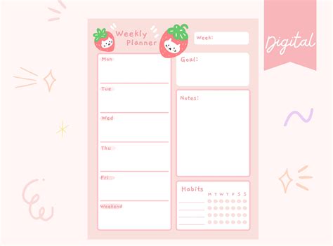 Strawberry Weekly Planner Printable Download And Print At Home Cute Weekly Planner Etsy