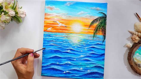 Beginner Ocean Sunset Painting Acrylic Painting Tutorial Ocean