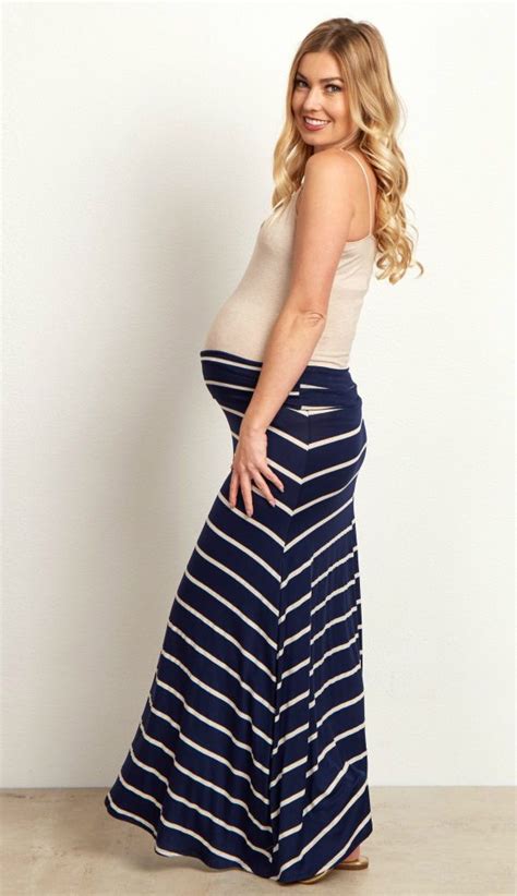 Navy Blue Beige Striped Maternity Maxi Skirt Maternity Maxi Skirts Stylish Maternity Outfits
