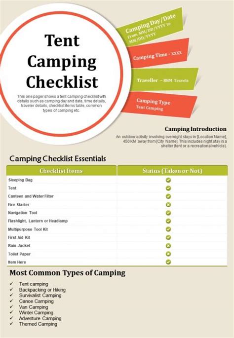 Tent Camping Checklist Presentation Report Infographic Ppt Pdf Document
