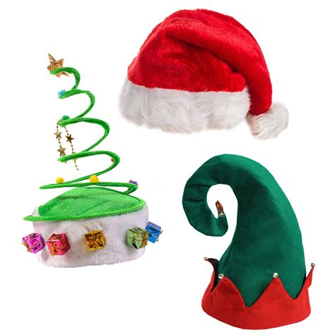 Funny Party Hats Plush Santa Hat Felt Elf Hat W Bells Green Coil Christmas Tree Hat 3 Pack