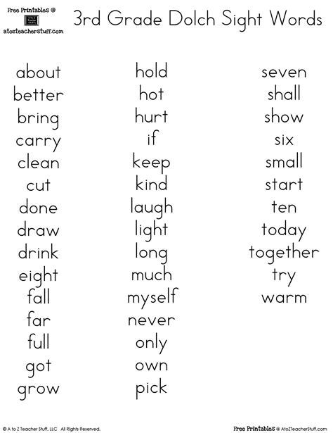 100 Sight Words For 3rd Grade