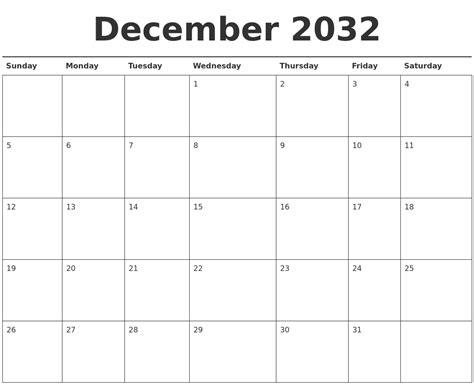 December 2032 Calendar Printable