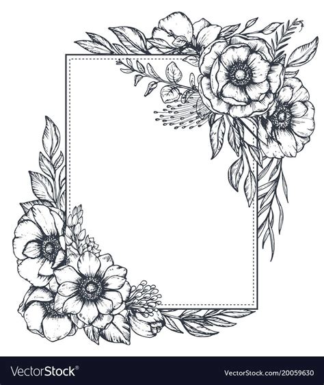Vector Black And White Floral Frame With Bouquets Of Hand Drawn Anemone