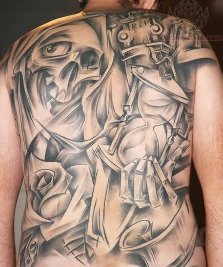 Grey Ink Grim Reaper Tattoo On Back