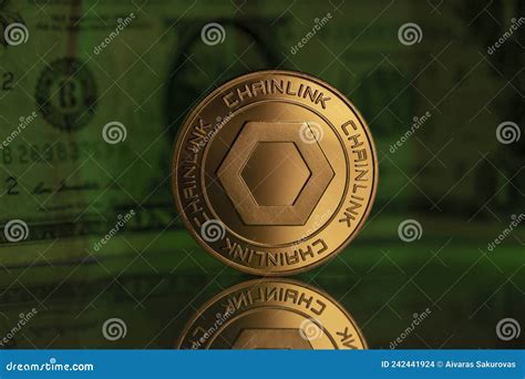 Chainlink Link Crypto Coin Placed On Reflective Surface With One Dollar Note Behind And Lit With