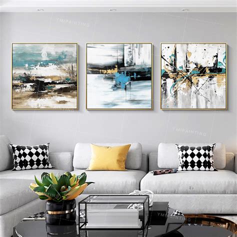 3 Pieces Gold Art Abstract Blue Paintings On Canvas Set Of 3 Wall Art