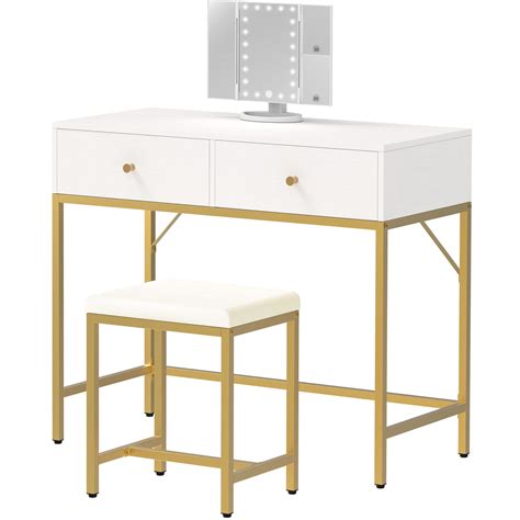 Superjare Vanity Desk Makeup Vanity With Stool And Tri Fold Lighted
