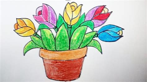 Menggambar Bunga Tulip Dalam Pot Dengan Oil Pasteldrawing Of Tulips In