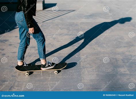 Young Girl With Skateboard Outdoor Skatebord At City Street Cool