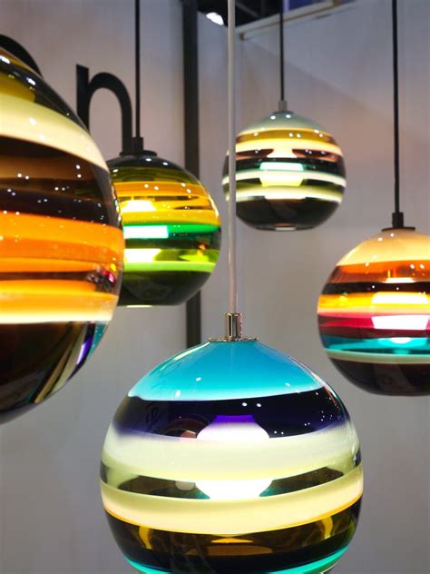 Colorful Pendant Lighting Aqua Banded Orb Hand Blown Glass For Sale