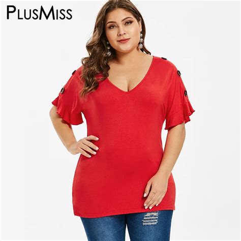 plusmiss plus size 5xl summer flounce short sleeve t shirts women red button casual tunic tops