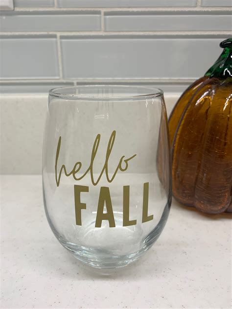 Hello Fall Wine Glass Fall Wine Glass Stemless Wine Glass Etsy