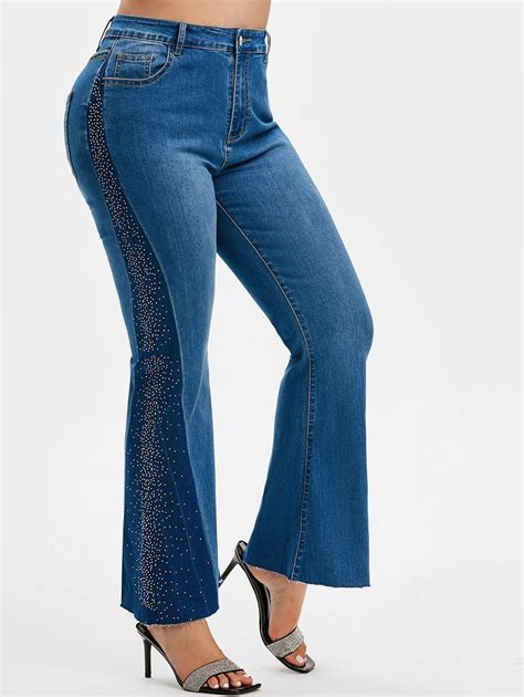 27 Off 2021 Plus Size Bicolor Rhinestone Flare Jeans In Deep Blue