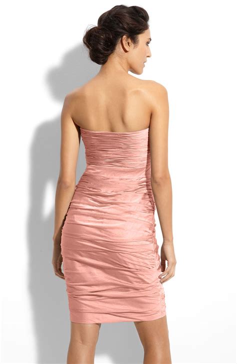 Elegant Pink Column Strapless Knee Length Ruched Prom Dresses