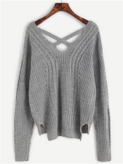 grey cable knit criss cross back sweater shein sheinside
