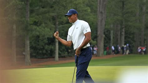 Masters Champion Tiger Woods Reacts To His Birdie Putt On No 14 During