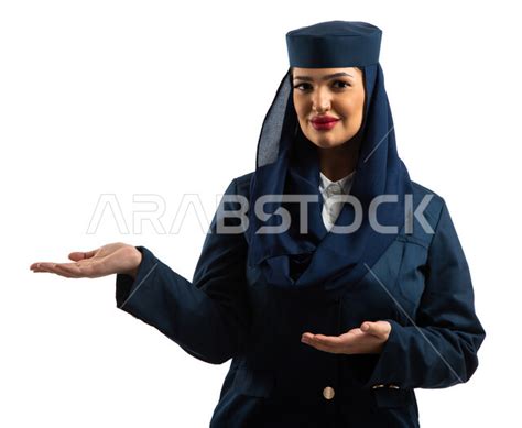 بورتريه امرأة عربية خليجية سعودية ترتدي زي مضيفات الطيران ، الاستقبال والترحيب بالركاب ، طاقم