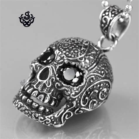 Silver Skull Pendant Made With Swarovski Crystal Black Stainless Steel