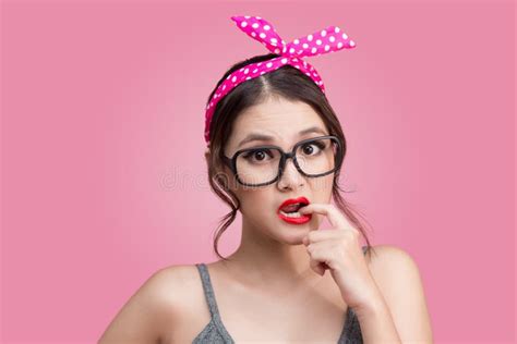 surprised asian girl with pretty smile in pinup makeup style stock image image of hair