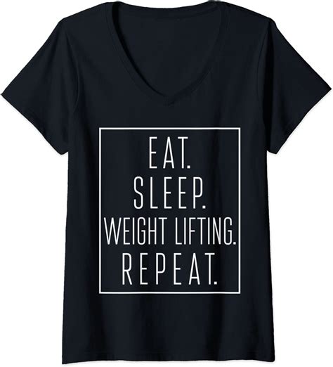 Womens Gym Eat Sleep Weight Lifting Repeat Funny V Neck T Shirt Clothing