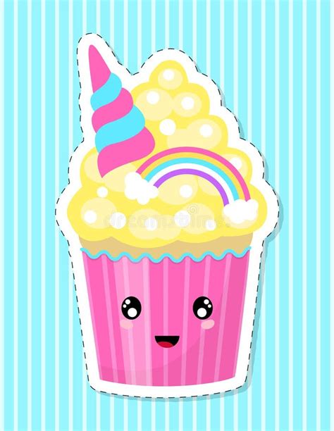 Cute Cartoon Cupcake Decorated With Rainbow And Unicorn Horn Stock