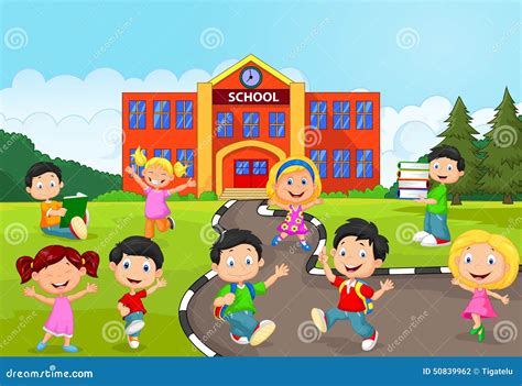 Happy School Children Cartoon In Front Of School Stock Vector