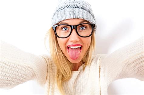1366x768px Free Download Hd Wallpaper Women With Glasses Tongues Face Blonde Blue Eyes