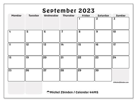 September 2023 Printable Calendar “44ms” Michel Zbinden Uk