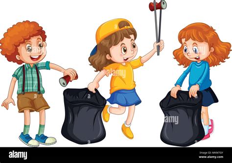 Children Collecting Rubbish On White Background Illustration Stock