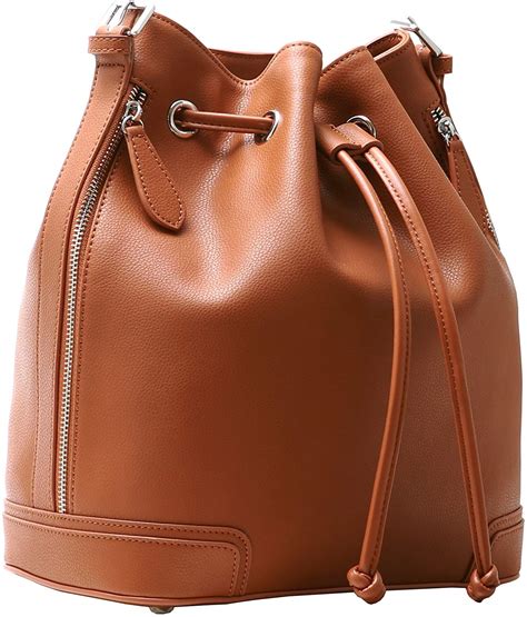 Kenoor Leather Drawstring Bucket Bag Retro Handbags Shoulder Bag Purses