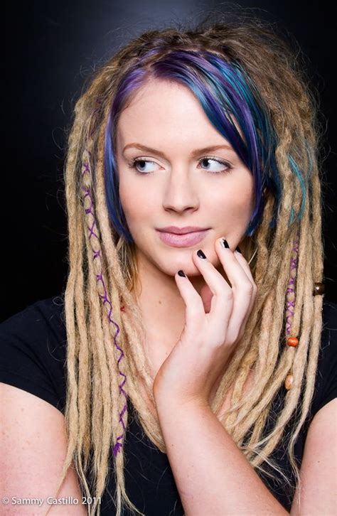 Blonde Wrapped Dreadlocks With Blue And Purple Bangs Dreadlock