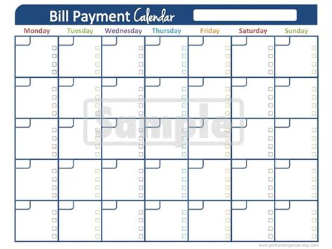 Monthly Bill Pay Calendar Printable Example Calendar Printable