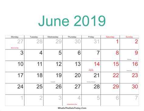 June 2019 Calendar Printable With Holidays Whatisthedatetodaycom