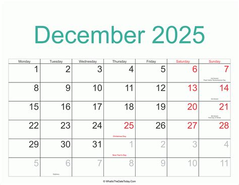 December 2025 Calendar Printable With Holidays Whatisthedatetodaycom