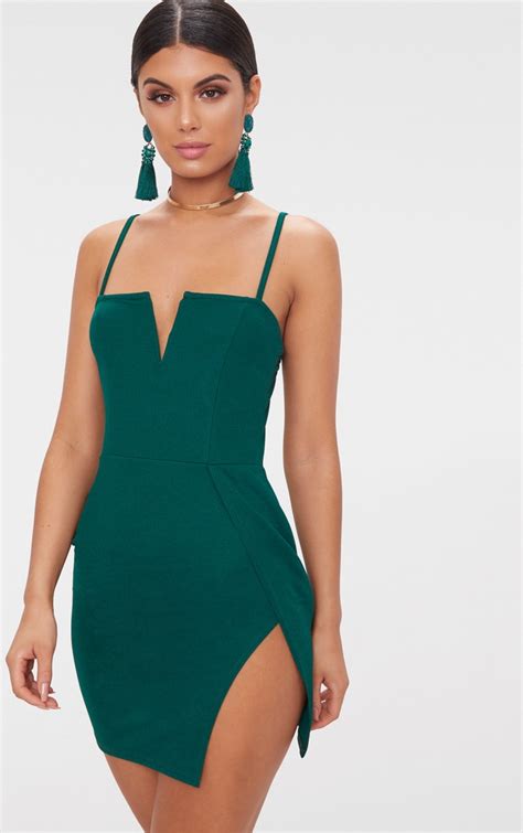 Emerald Green Extreme Thigh Split Panelled Plunge Bodycon Dress Prettylittlething
